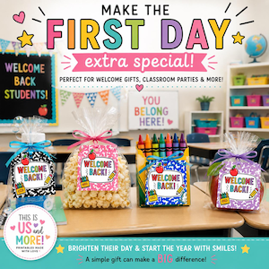 May include: Four clear plastic gift bags filled with treats, each featuring a tag that reads WELCOME BACK with an apple, pencil, and crayon box graphic. The bags contain a blue bottle, popcorn, a box of crayons, and a red apple, tied with ribbons.