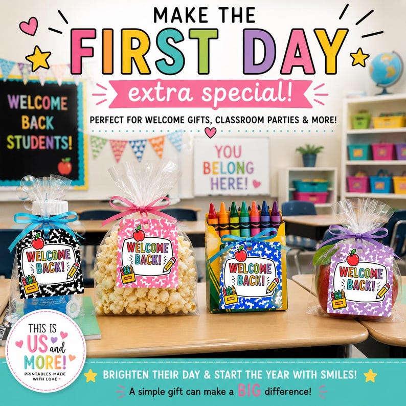 May include: Four clear plastic gift bags filled with treats, each featuring a tag that reads WELCOME BACK with an apple, pencil, and crayon box graphic. The bags contain a blue bottle, popcorn, a box of crayons, and a red apple, tied with ribbons.