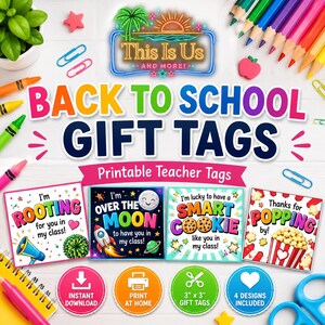 May include: A set of four square printable gift tags with the text Back to School Gift Tags and Printable Teacher Tags. The designs feature colorful graphics including a megaphone, rocket, cookies, and popcorn with various school-themed phrases.