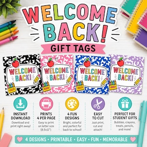 May include: Four square gift tags featuring a colourful Welcome Back text, a red apple, and a yellow pencil graphic. The tags have black, pink, blue, and purple cow print backgrounds. The image includes text about instant download and printing.