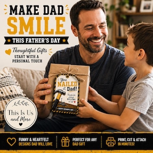 May include: A gift box with a tag that reads "You Nailed it, Dad!" is presented by a smiling man to a boy. The image includes text that says "Make Dad Smile This Father's Day" and "Thoughtful Gifts Start with a Personal Touch."
