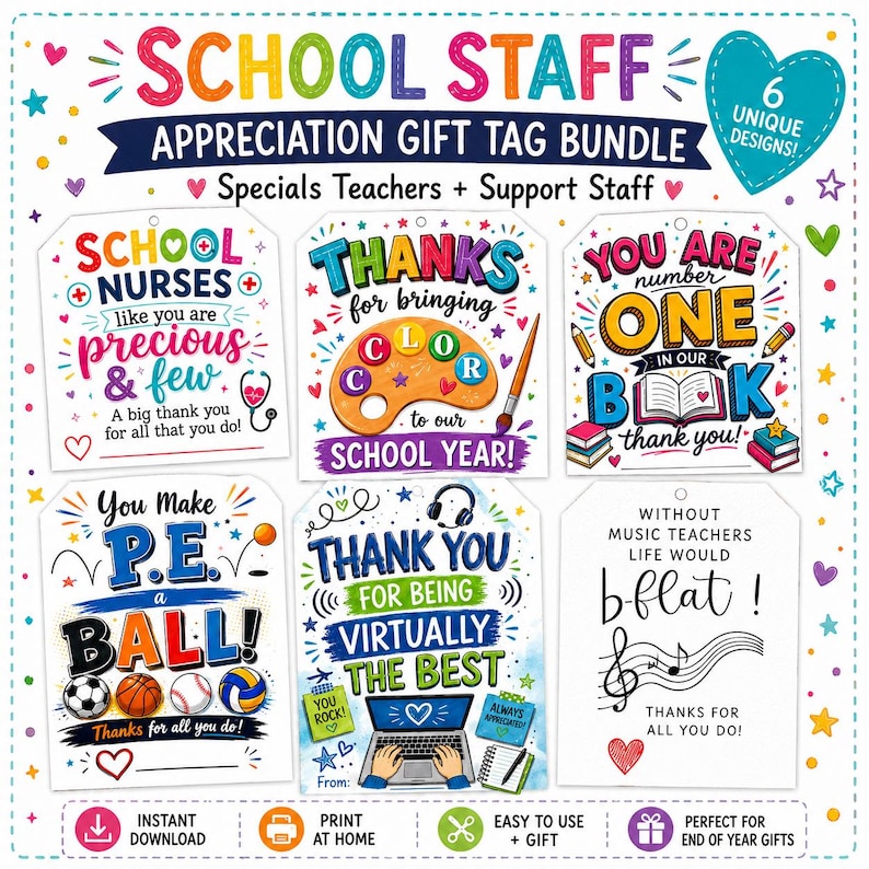 May include: A colorful gift tag bundle for school staff appreciation. The tags feature various designs with messages like "Thank You" and "You Are Number One." Includes tags for nurses, teachers, and support staff. Perfect for end-of-year gifts.