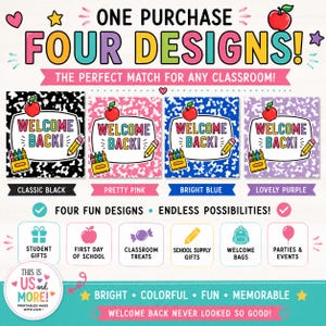 May include: A digital printable set featuring four square gift tag designs in black, pink, blue, and purple marble patterns. Each tag displays a red apple, a box of crayons, a yellow pencil, and the text "WELCOME BACK!" with icons for school events.