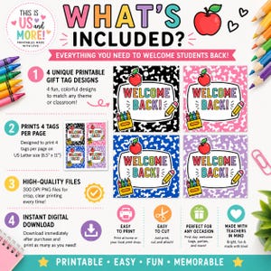 May include: A digital printable set featuring four square gift tags with a black, pink, blue, and purple cow print background. Each tag displays the text WELCOME BACK in colourful letters, an apple, a pencil, and a box of crayons.