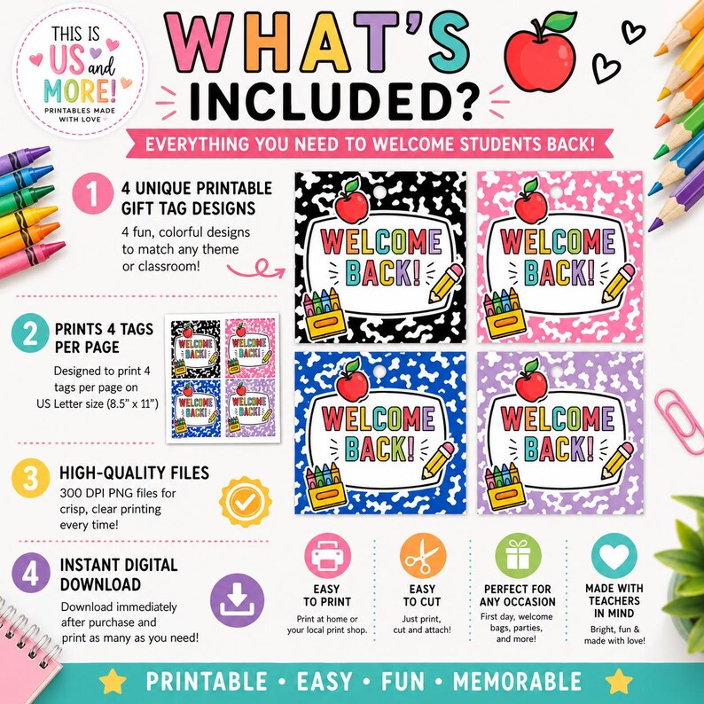 May include: A digital printable set featuring four square gift tags with a black, pink, blue, and purple cow print background. Each tag displays the text WELCOME BACK in colourful letters, an apple, a pencil, and a box of crayons.