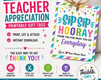 Sip Sip Hooray Teacher Gift Tag – Printable Drink Appreciation Card (Instant Download)