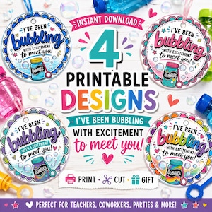 May include: Four circular printable gift tags featuring the text I've been bubbling with excitement to meet you and a bubble bottle illustration. The designs include colorful scalloped borders, hearts, and stars on a white background.