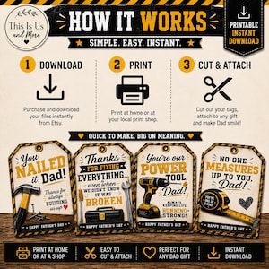 May include: A printable Father's Day gift set with instructions. The image features a black and yellow design with the words "How It Works" and "Download, Print, Cut & Attach." Includes gift tags with tools and phrases like "You Nailed It, Dad!"