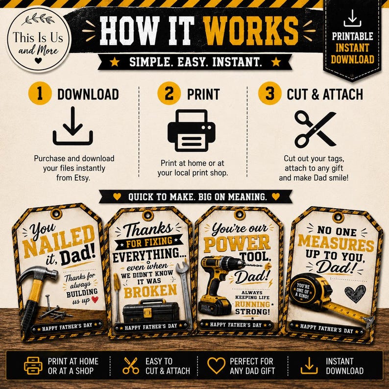 May include: A printable Father's Day gift set with instructions. The image features a black and yellow design with the words "How It Works" and "Download, Print, Cut & Attach." Includes gift tags with tools and phrases like "You Nailed It, Dad!"
