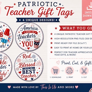 K&ouml;nnte beinhalten: Patriotische Lehrer-Geschenkanh&auml;nger mit vier einzigartigen Designs. Die Anh&auml;nger zeigen rote, wei&szlig;e und blaue Farben mit S&auml;tzen wie "You're the Bomb Pop Teacher!" und "America runs on teachers like you." Enth&auml;lt Informationen zum Sofort-Download.