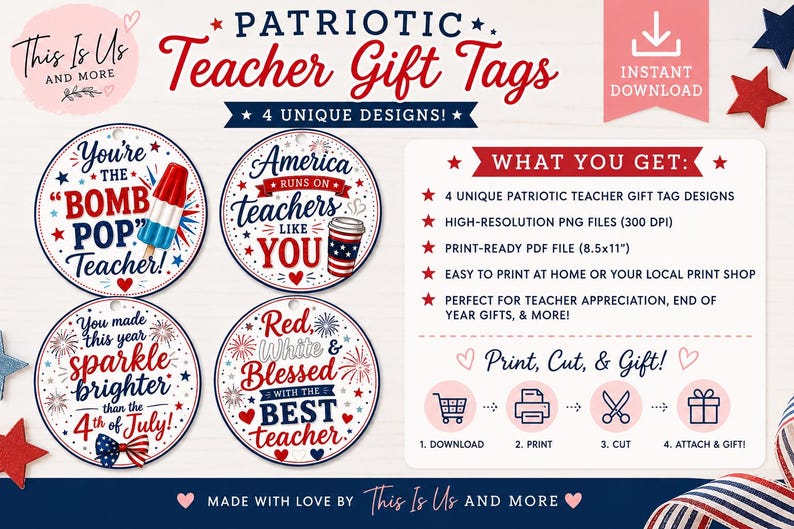 K&ouml;nnte beinhalten: Patriotische Lehrer-Geschenkanh&auml;nger mit vier einzigartigen Designs. Die Anh&auml;nger zeigen rote, wei&szlig;e und blaue Farben mit S&auml;tzen wie "You're the Bomb Pop Teacher!" und "America runs on teachers like you." Enth&auml;lt Informationen zum Sofort-Download.
