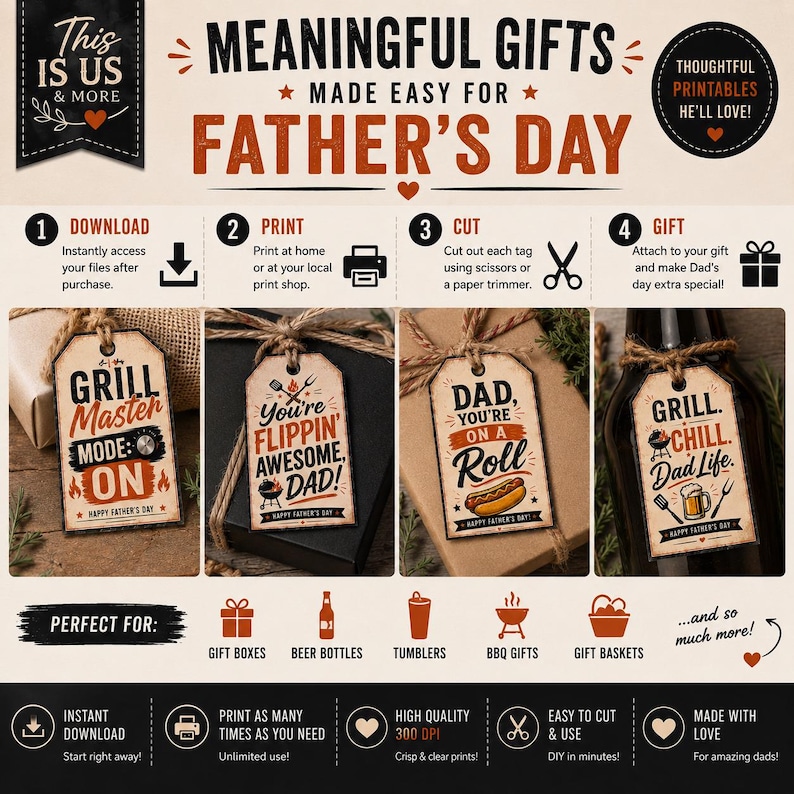 May include: Father's Day gift tags with designs like "Grill Master," "You're Flippin' Awesome, Dad!," and "Dad, You're on a Roll." The image shows the tags on gifts, with instructions for downloading, printing, cutting, and gifting. Ideal for Father's Day.