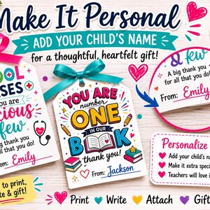 May include: Gift tags with text: "Make It Personal" and "Add Your Child's Name." Designs include tags for school nurses and teachers, with space to write a name. Features hearts, pencils, and bows.