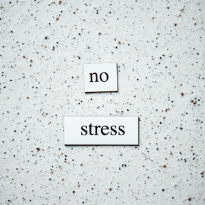 Könnte beinhalten: Zwei weiße rechteckige Schilder mit schwarzem Text auf einem gesprenkelten Hintergrund. Auf dem oberen Schild steht "no" und auf dem unteren Schild steht "stress". Der Hintergrund ist hellgrau mit kleinen schwarzen und braunen Sprenkeln.