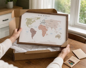 Push Pin World Map with Pins, Travel Tracker Map in 4 Designs, A4 or A3 Print or Framed, Places We've Been Map, Gift for Travellers