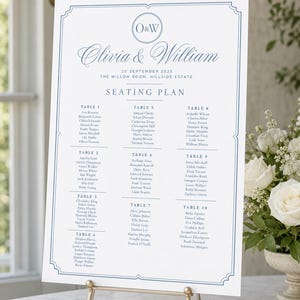 Dusty Blue Wedding Seating Plan A3 Printed UK | Monogram Minimalist Elegant | Personalised Table Plan Sign Poster Wedding Names