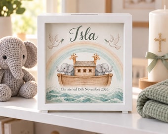 Personalised Noah's Ark Money Box, Christening Baptism Gift with Name & Date, Baby Keepsake Bank, Godson Goddaughter Gift, Wooden Coin Box