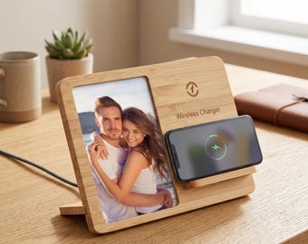 Cadre photo en bois personnalisé avec chargeur sans fil | Cadeau de sublimation personnalisé