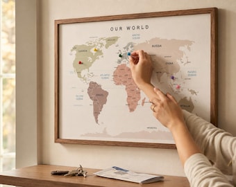 Push Pin World Map with Pins, Travel Tracker Map in 4 Designs, A4 or A3 Print or Framed, Places We've Been Map, Gift for Travellers