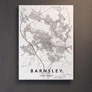 Könnte beinhalten: Gerahmter Karten-Druck von Barnsley, Vereinigtes Königreich. Die Karte ist in Graustufen mit einer roten Linie. Der Name der Stadt und des Landes ist unten fett gedruckt. Wanddekoration.