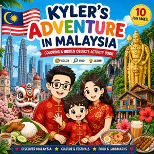 Puede incluir: Portada de un libro de actividades infantiles, "Kyler's Adventure in Malaysia". Muestra una familia, monumentos y comida de Malasia. El libro ofrece actividades para colorear y buscar objetos ocultos, con 10 páginas divertidas.