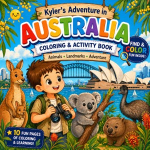 Może przedstawiać: Kolorowa okładka książki do kolorowania i aktywności dla dzieci, "Kyler's Adventure in Australia". Przedstawia chłopca z kreskówek z lornetką, kangura, koalę, emu i wombat. Książka zawiera 10 zabawnych stron.