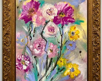 Pintura acrílica floral original: vibrante ramo de flores de verano, arte mural impresionista moderno.