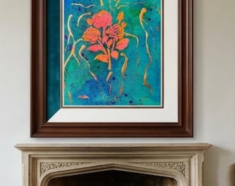 Handmade Floral Stencil Painting, Colorful Abstract Botanical Art, signed Wall Decor