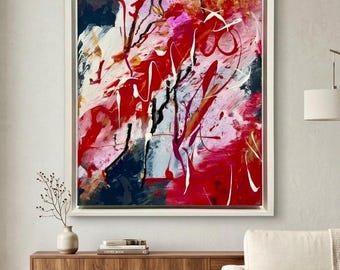 Origineel getextureerd abstract schilderij, roze rood zwart wit goud canvaskunst