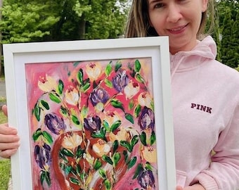 Original Abstract Floral Vase Painting – Expressive Acrylic Botanical Wall Art