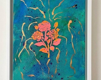 Cuadro floral rosa y verde hecho a mano, arte botánico abstracto y colorido, decoración de pared firmada
