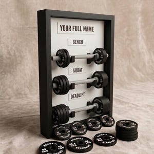 Könnte beinhalten: Ein schwarzer, gerahmter persönlicher Rekordhalter mit dem Text "YOUR FULL NAME". Er verfügt über drei Langhantel-Displays mit den Bezeichnungen "BENCH", "SQUAT" und "DEADLIFT". Schwarze Gewichtsscheiben werden darunter angezeigt, mit dem Text "BARBELL STANDARD" und Gewichtsangaben.
