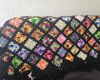 Vintage Handmade 70s Colorful Granny Square Afghan 62"×86" Retro MCM Blanket