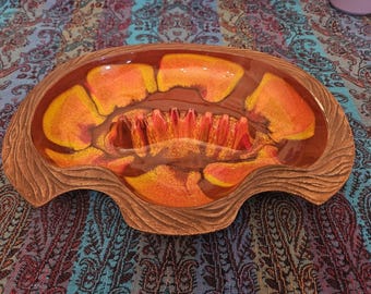 Vtg Retro Mid Century Modern Drip Glaze Ceramic Ashtray Brown Orange Mushroom