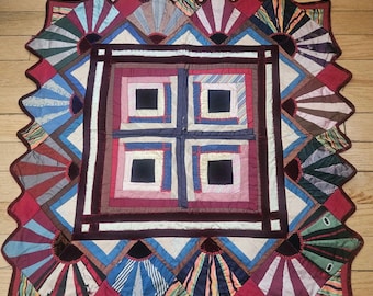 Antieke zijdesatijn fluwelen Sun Burst Turkije rode geborduurde Crazy Quilt kussensloop