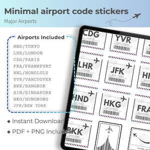 May include: A digital display shows minimal airport code stickers for major airports. The stickers include codes like CDG, LHR, and JFK, with a barcode and airplane graphic. The text reads "Minimal airport code stickers" and "Airports Included."