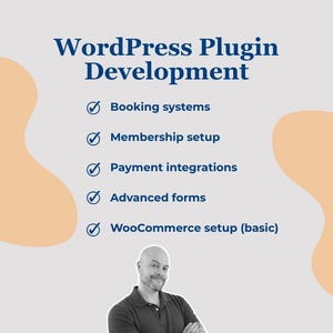 Puede incluir: Imagen promocional con el texto "WordPress Plugin Development" en azul. Debajo, una lista de servicios incluye "Booking systems", "Membership setup" y "Payment integrations". Un hombre con un polo negro sonríe en la parte inferior.