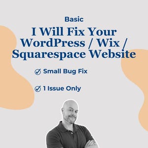 Peut inclure: Graphique avec le texte "Basic I Will Fix Your WordPress / Wix / Squarespace Website." Comprend les phrases "Small Bug Fix" et "1 Issue Only." Un homme sourit au bas de l'image.