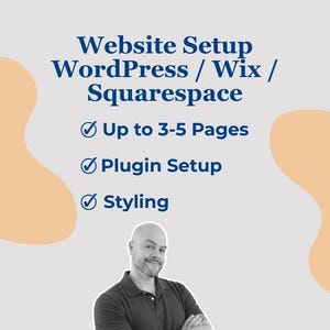 以下が含まれることがあります： 画像にはテキストが含まれています：Webサイトのセットアップ、WordPress / Wix / Squarespace。内容：最大3〜5ページ、プラグイン設定、スタイリング。丸刈りの男性が、濃い色のポロシャツを着て腕を組んで笑顔で写っています。