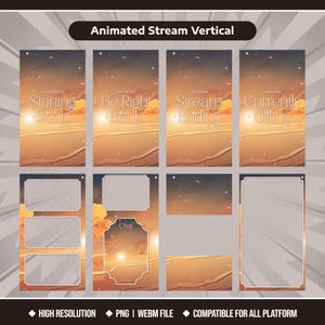 Op de afbeelding: Een digitaal assetpakket voor geanimeerde verticale streams met een zonsondergang strandthema in oranje en paarse gradiënten. Bevat overlays met tekst zoals Starting Soon, Be Right Back, Stream Ending, Currently Offline en Chat, plus kaders.