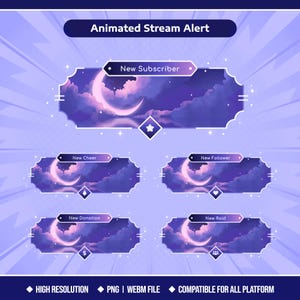 May include: Animated stream alert graphics with a celestial theme. Each alert features a crescent moon, clouds, and stars in shades of purple and pink. Text includes "New Subscriber," "New Cheer," "New Follower," "New Donation," and "New Raid."