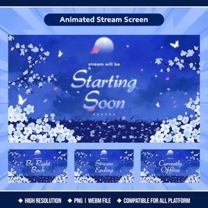 May include: Animated stream screen with a blue and white floral design. The main screen says "Starting Soon" with a moon and butterflies. Additional screens say "Be Right Back", "Stream Ending", and "Currently Offline".
