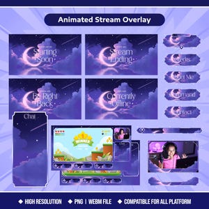 Może przedstawiać: Animowana nakładka strumienia z motywem fioletowego i niebieskiego nocnego nieba. Zawiera ekrany dla "Starting Soon", "Stream Ending", "Be Right Back" i "Currently Offline". Zawiera również elementy interfejsu czatu i gry.