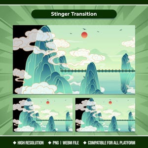 Puede incluir: Ilustración digital de un paisaje sereno con montañas turquesas, un puente y un sol rojo. La imagen incluye el texto "Stinger Transition" y detalles sobre el tipo de archivo y la compatibilidad.