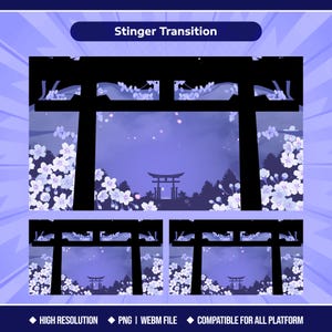 Könnte beinhalten: Eine digitale Grafik mit dem Titel Stinger Transition, die die Silhouette eines schwarzen Torii-Tors vor einem violetten Himmel mit Kirschblüten zeigt. Das Design enthält kleine Torii-Symbole, hohe Auflösung, PNG- und WEBM-Dateiformate.
