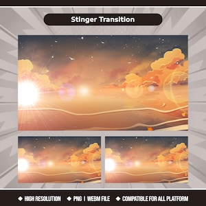 May include: A digital stinger transition graphic featuring a sunset over a calm ocean with orange clouds, a bright sun flare, and a starry sky. The text Stinger Transition is displayed at the top, with High Resolution, PNG, WEBM FILE, and Compatible for all platform text at the bottom.