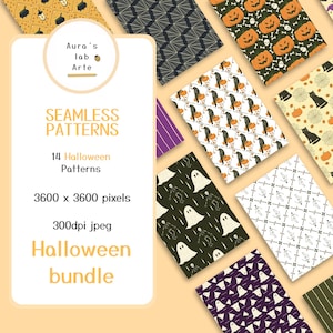 Può includere: Un pacchetto digitale di 14 motivi di Halloween senza cuciture con fantasmi, zucche, gatti e pipistrelli. Il testo recita Aura's lab Arte, SEAMLESS PATTERNS, 14 Halloween Patterns, 3600 x 3600 pixels, 300dpi jpeg e Halloween bundle.