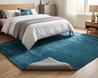 Alfombra de lana tejida a mano / Alfombra moderna de felpa de color azul verdoso liso