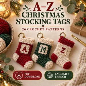 Personalized Christmas Stocking Tag Crochet Pattern, A-Z Letter Ornament PDF, Mini Gift Tag, English French Digital Download