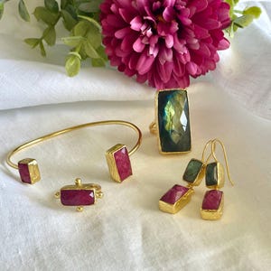 Tamara Rectangular Lapis, Labradorite, Aqua Chalcedony, Rose Quartz Gemstone Cocktail Ring